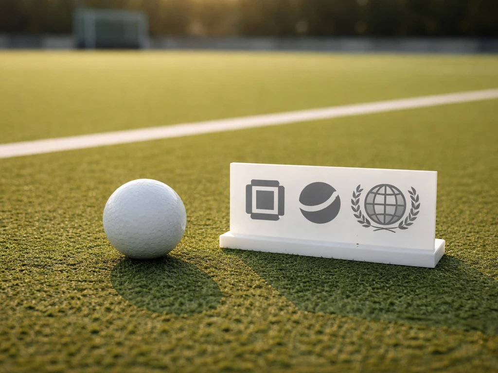 Terrain de hockey sur gazon en extérieur, ballon et pictogrammes abstraits symbolisant « CDM » et « Coupe du Monde »