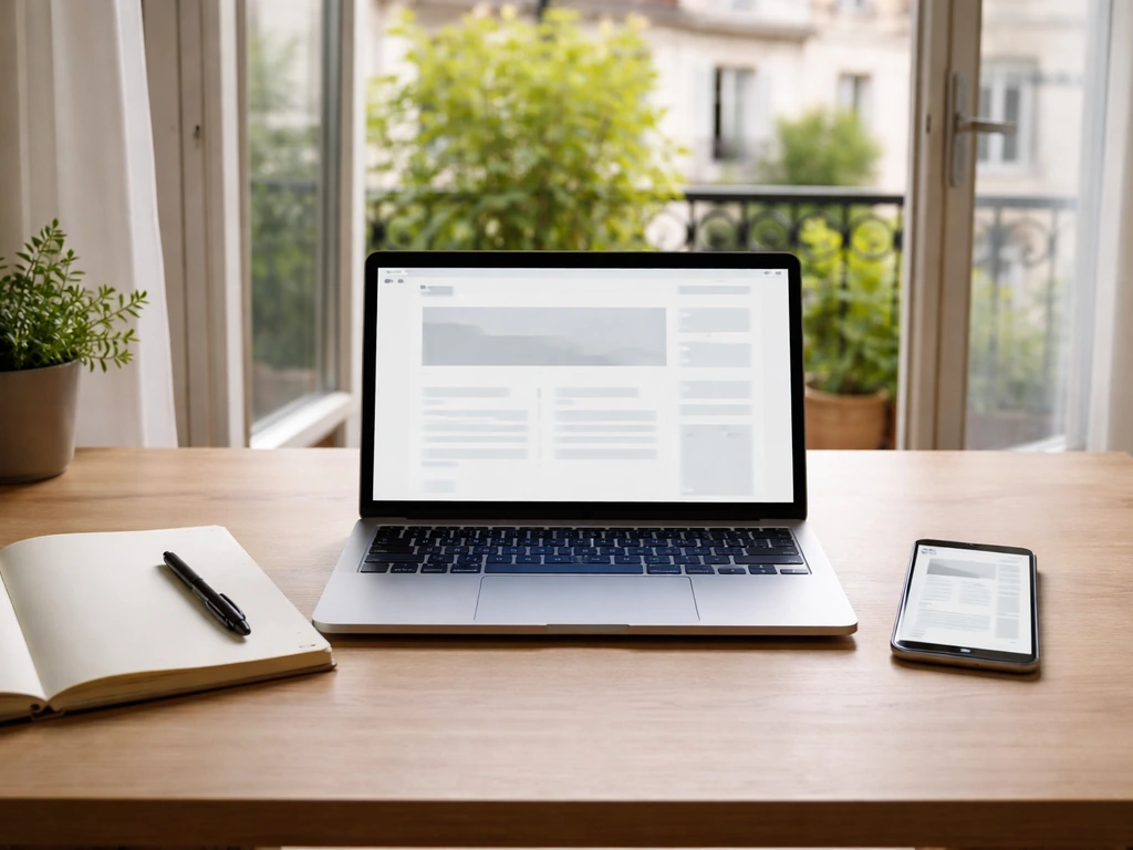 Ordinateur portable et smartphone sur un bureau, montrant des menus web génériques pour suivre l’édition en cours.