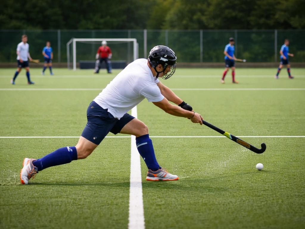 Terrain de hockey sur gazon avec vue sur un match, quatre quarts-temps et rôle du gardien suggérés sans texte.