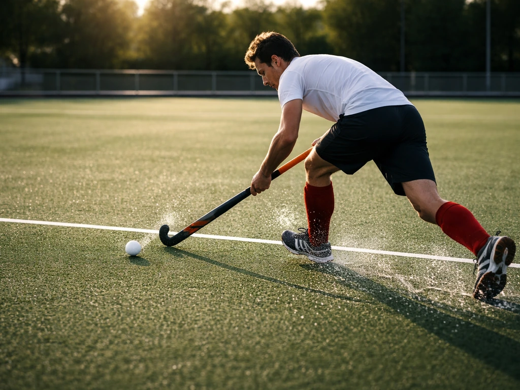Joueur de hockey sur gazon accélérant sur gazon synthétique irrigué, balle en mouvement près du cercle d’attaque