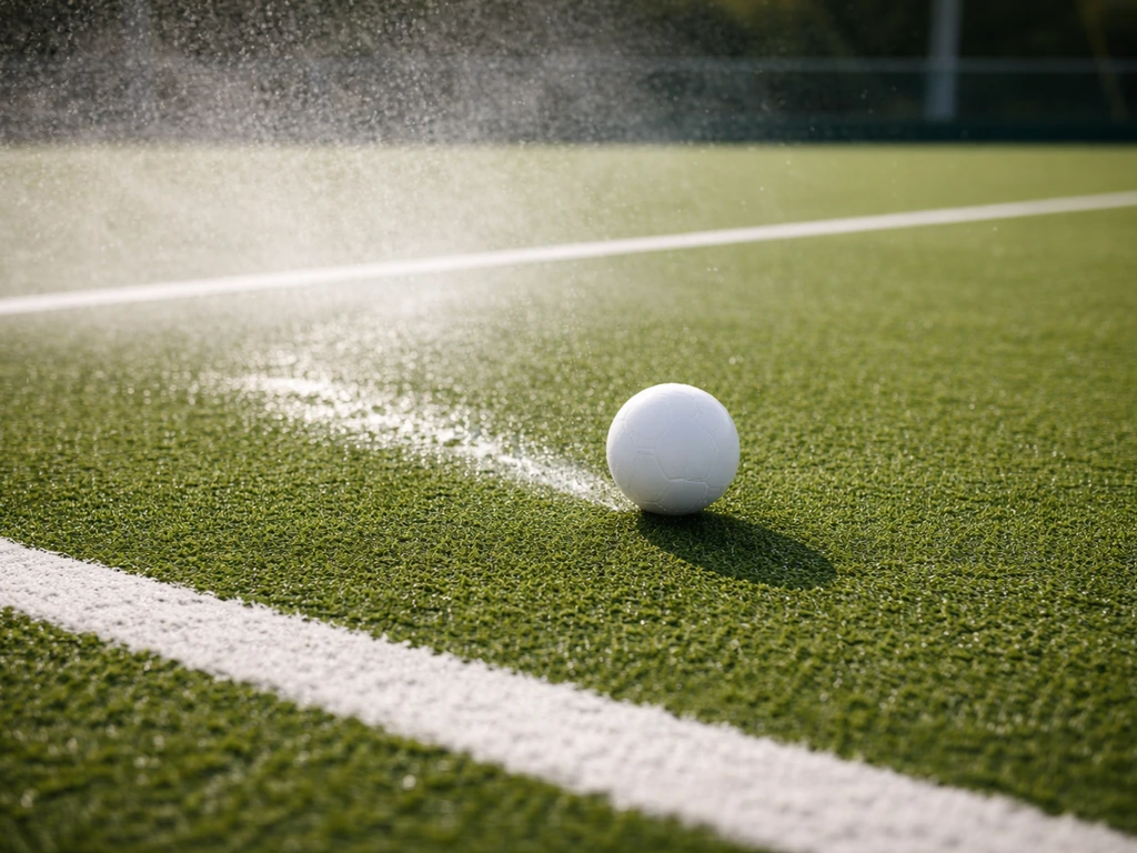 Terrain de hockey sur gazon synthétique irrigué, balle en mouvement et lignes au sol, ambiance sportive en France.