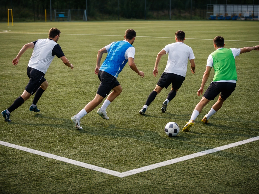 Séquence d’entraînement de football montrant un 3 contre 2 en attaque, ballon vers l’espace et tir cadré.