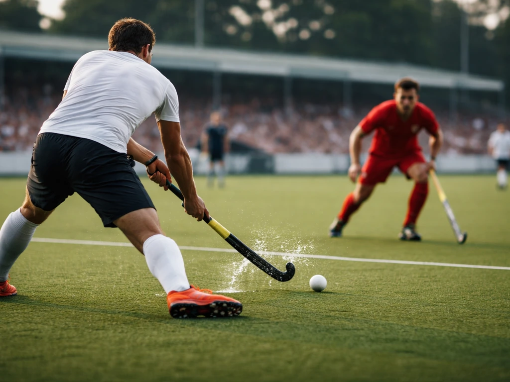 Match de hockey sur gazon au plus haut niveau, duel et ballon sur un terrain vert, ambiance cinéma.