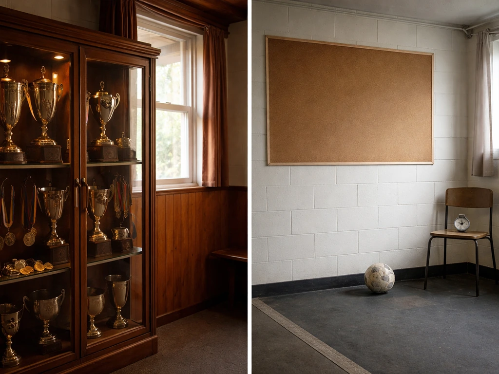 Deux vignettes côte à côte : trophées anciens en vitrine à gauche, ballon et chronomètre discret à droite.