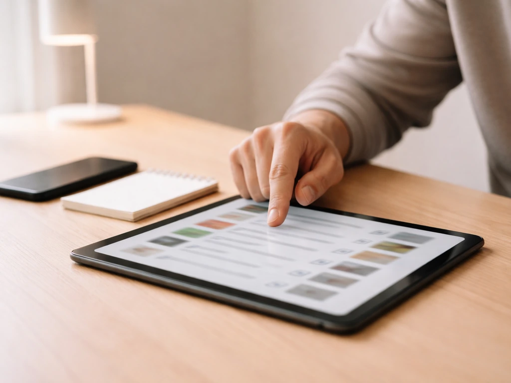 Personne anonyme utilisant une tablette pour sélectionner des critères, avec dossiers et smartphone sur une table.