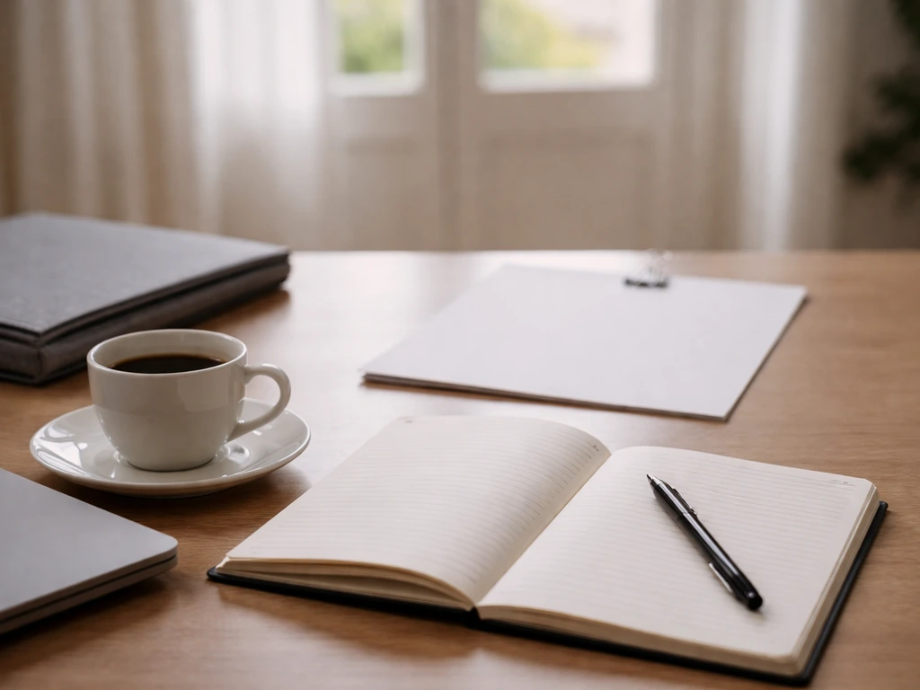 Bureau minimal avec carnet, café et feuille vierge, lumière naturelle, ambiance analyse sportive