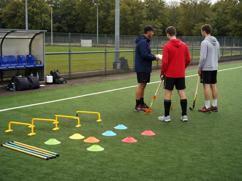 Coach et joueurs anonymes sur un terrain d’entraînement de hockey, avec matériel de formation, ambiance structurée.