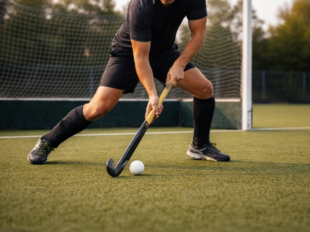 Joueur de hockey sur gazon en pleine action près du but, terrain vert sous lumière naturelle