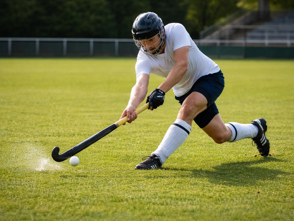 Joueur anonyme de hockey sur gazon frappant la balle sur un terrain en gazon naturel, ambiance de match.