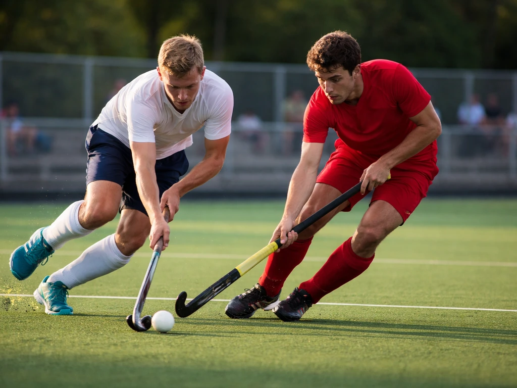 Duel de hockey sur gazon Élite Hommes sur terrain vert, deux joueurs anonymes en action pour le ballon.