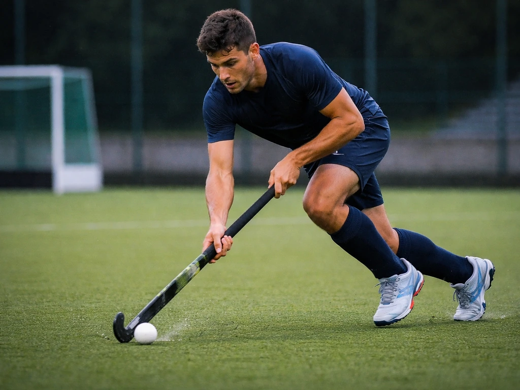 Match de hockey sur gazon : joueur masculin en action près du but, ambiance stade en France.