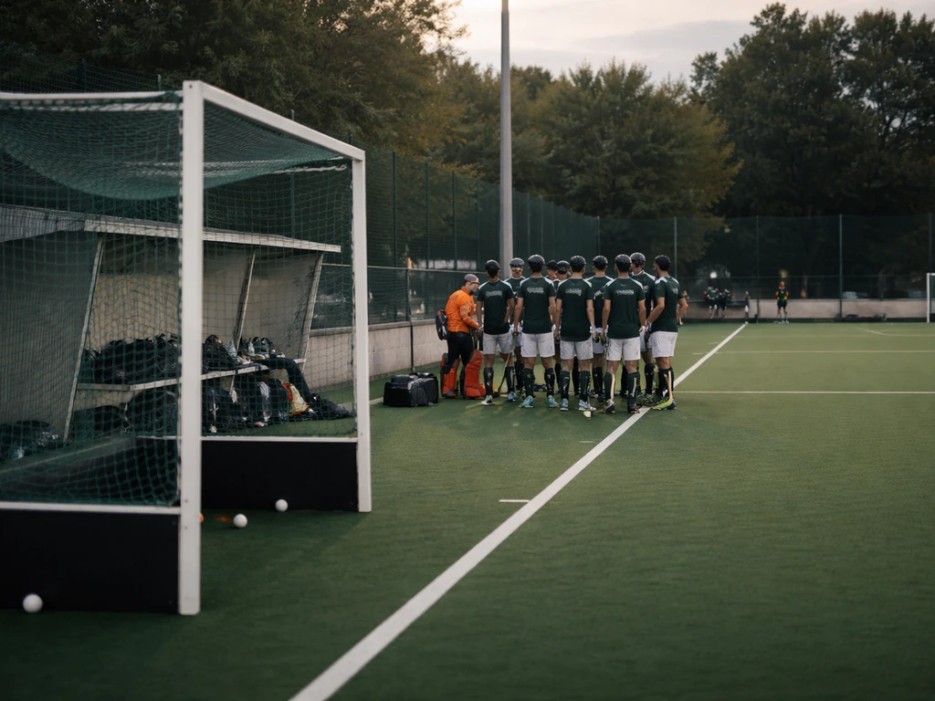 Terrain de hockey sur gazon avec buts, filets et banc de touche, joueurs en préparation au stade.