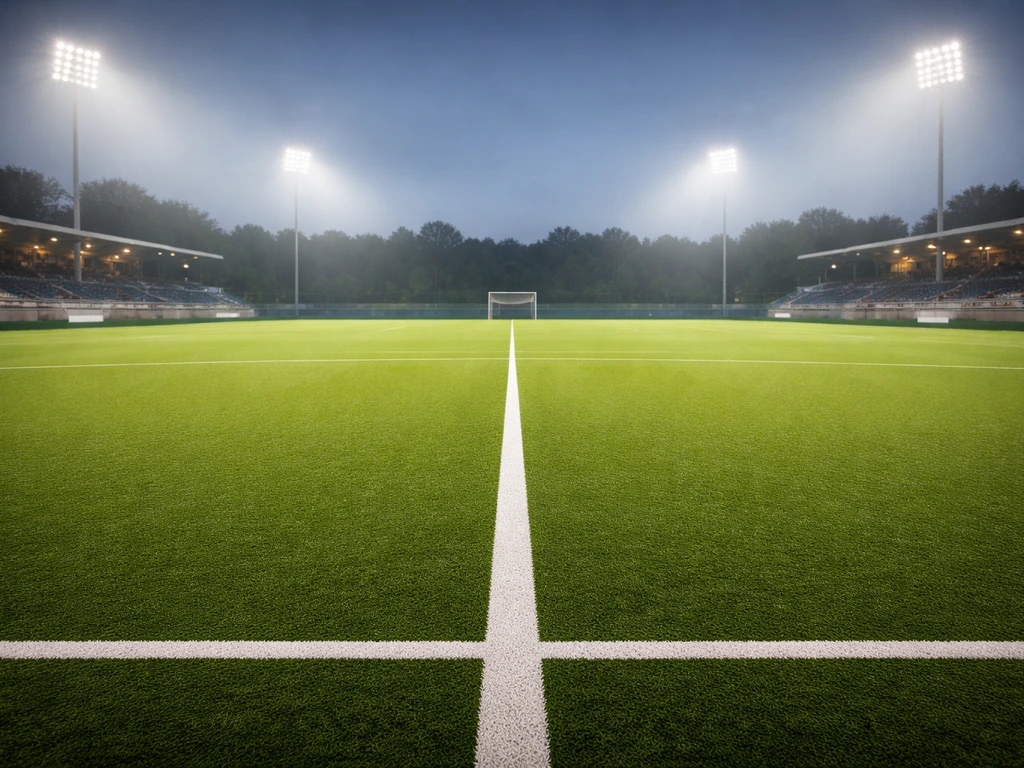 Terrain de hockey sur gazon en soirée, pelouse verte, buts et projecteurs dans un stade en France.