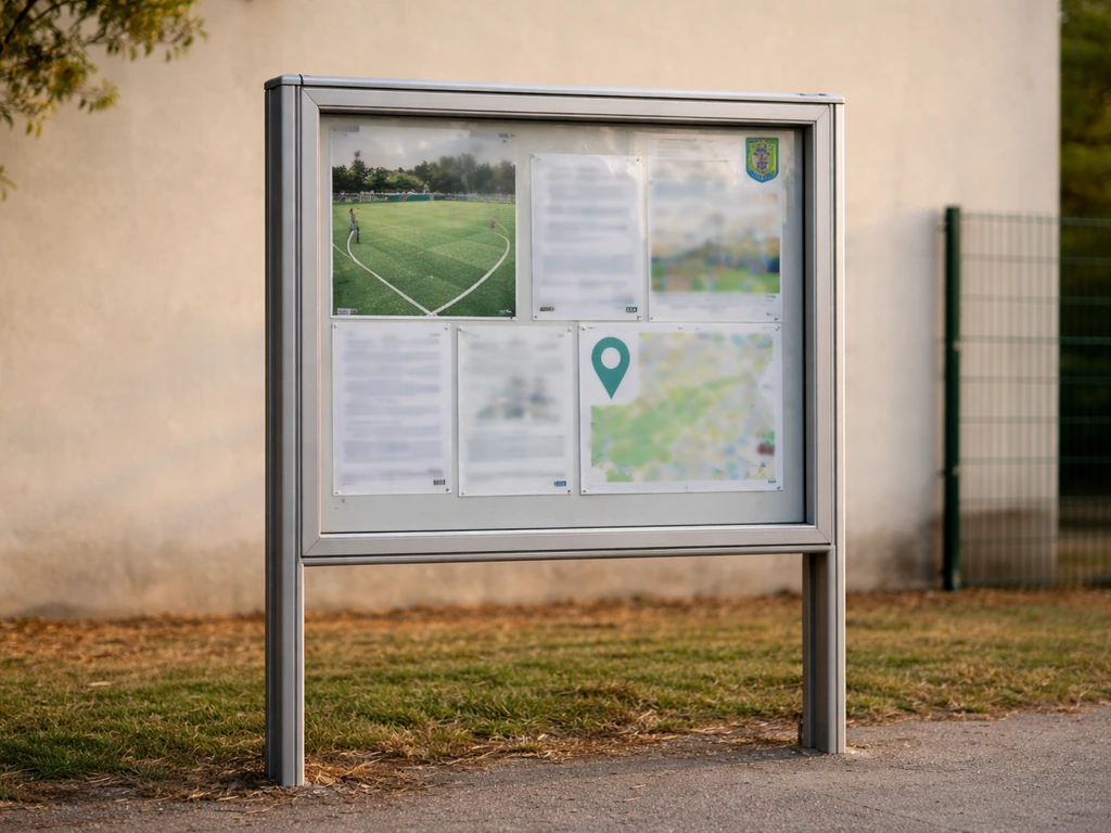 Panneau d’affichage local indiquant une enceinte de hockey sur gazon, avec nom de site et commune, sans texte lisible.