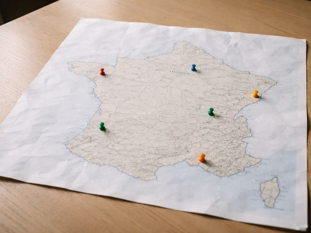 Vue aérienne minimale d’une carte de France avec quelques repères pour trouver des terrains de hockey sur gazon.