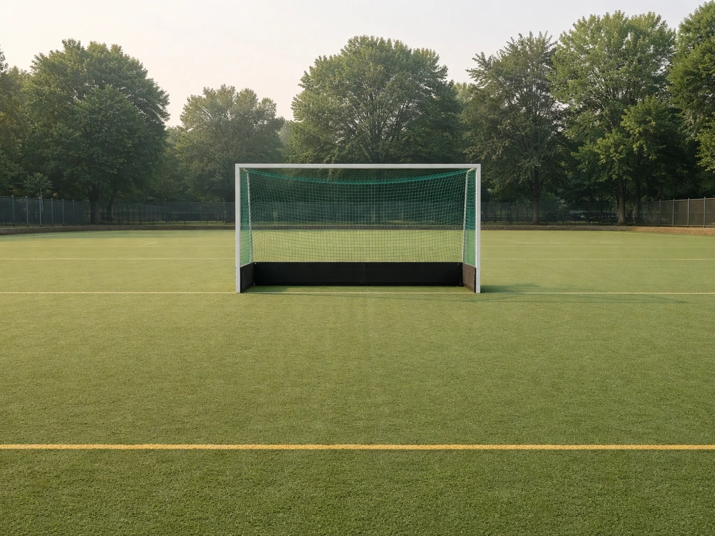 Terrain de hockey sur gazon avec un but au premier plan, gazon vert et environnement calme, sans joueurs.