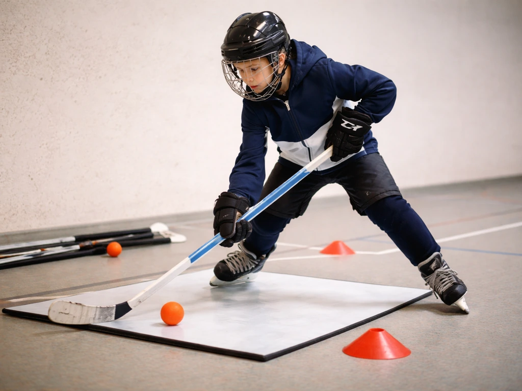 Jeune joueur de hockey s’entraîne au sol en gymnase, balle et crosse, matériel simple autour.
