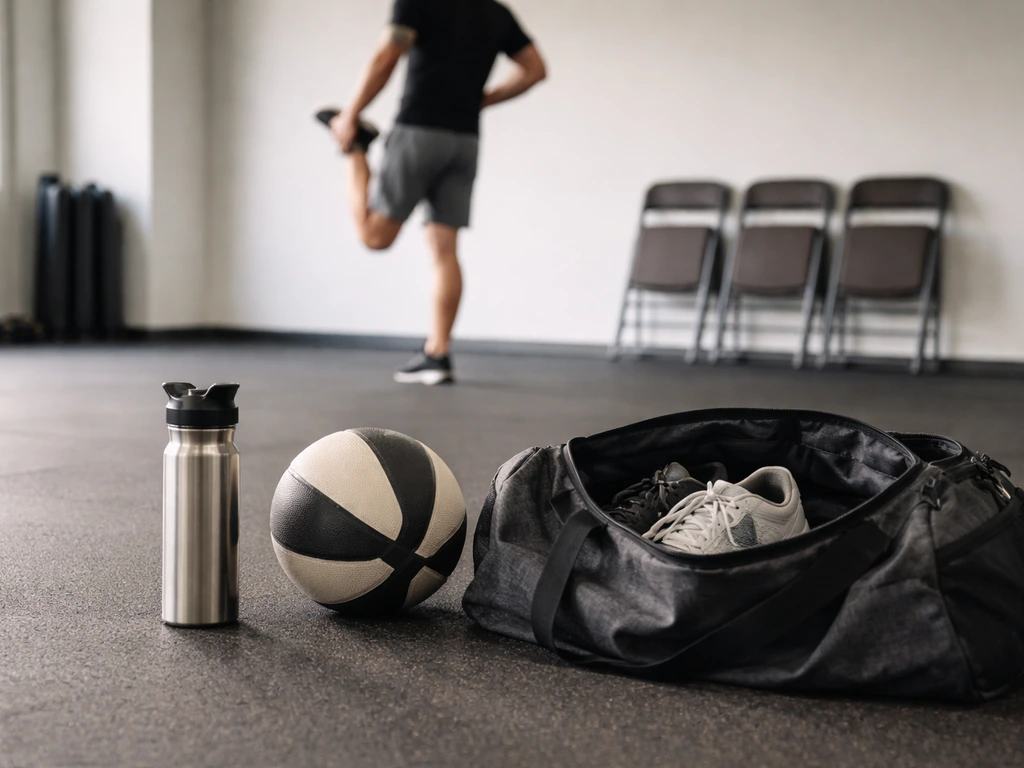 Entraînement sportif en salle avec ballon et tenue légère, ambiance simple évoquant loisir et compétition