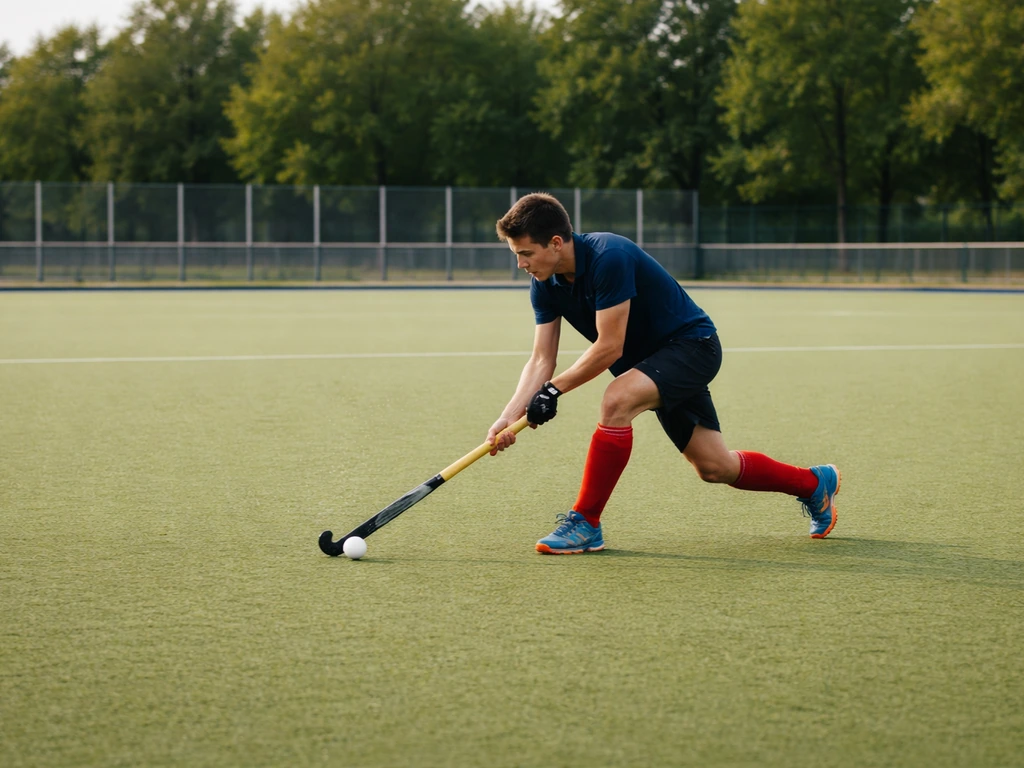 Un joueur anonyme de hockey sur gazon en action sur un terrain au Mans, crosse en mouvement sur le gazon synthétique.