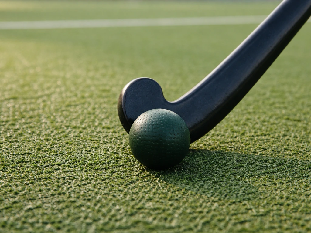Plan rapproché d’une crosse et d’une balle de hockey sur gazon, terrain synthétique en arrière-plan au Mans.