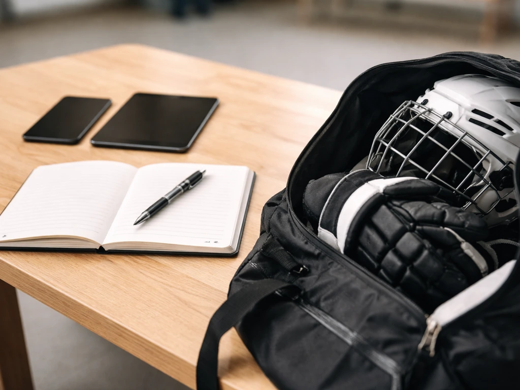 Téléphone et carnet près d’un sac de hockey prêt à l’essai, sur une table en bois.