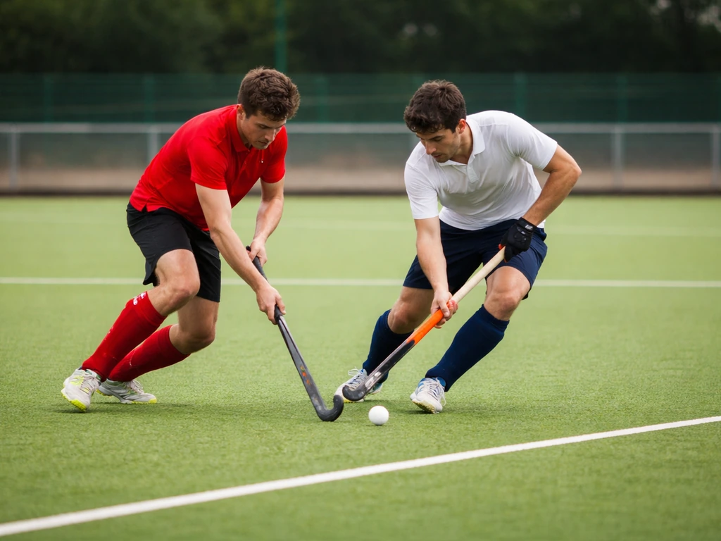 Scène de hockey sur gazon en action sur un terrain, deux joueurs se disputent la balle.