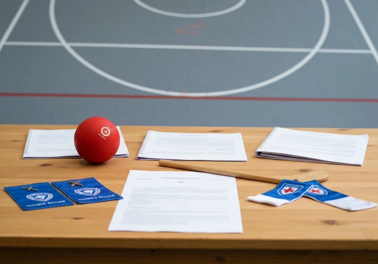 Un bureau avec matériel de hockey sur gazon, balles et documents officiels anonymes évoquant le club Servette HC.