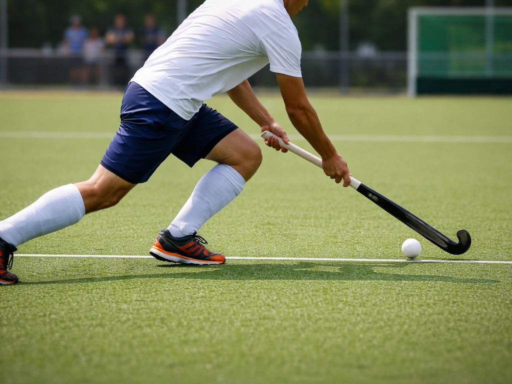 Match de hockey sur gazon en Ligue Nationale A : joueur passe près du gazon vert, stade calme en arrière-plan.