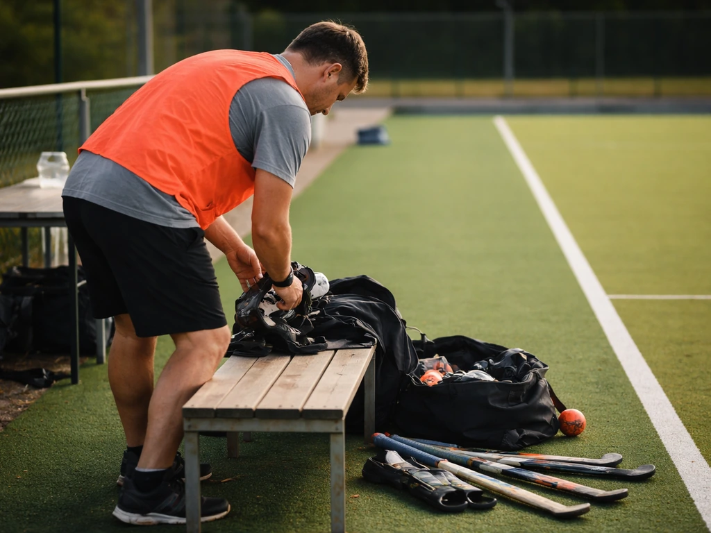 Bénévole anonyme prépare du matériel de club près d’une table de marque, entraînement sur gazon.