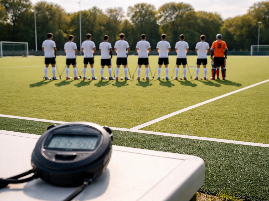 Chronomètre numérique au bord d’un terrain de hockey, 11 joueurs anonymes en arrière-plan, ambiance de match.
