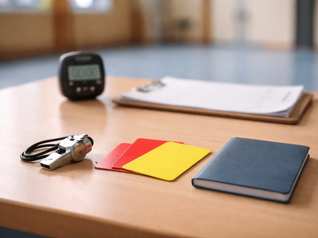 Sifflet, cartes d’arbitre et livret de règlement sur une table avant un match officiel.