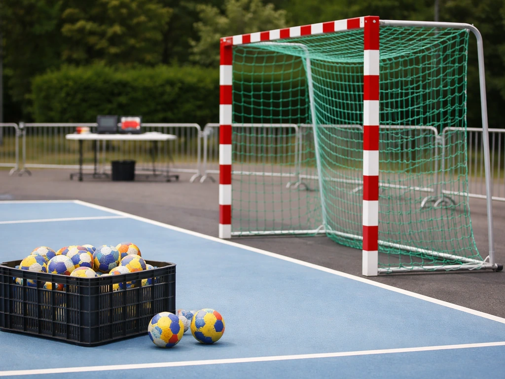 But de handball avec filets, ballons rangés en boîte de match, table de marque et sécurité en arrière-plan.