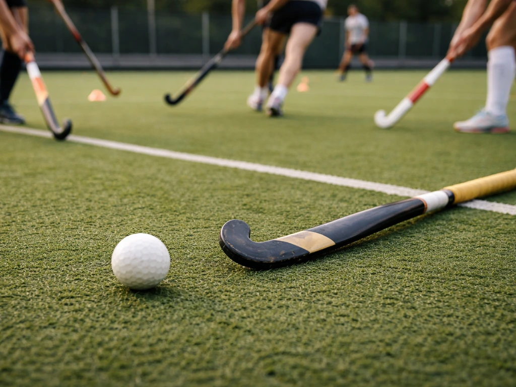 Entraînement de hockey sur gazon sur terrain synthétique, balle et crosse, ambiance sportive neutre