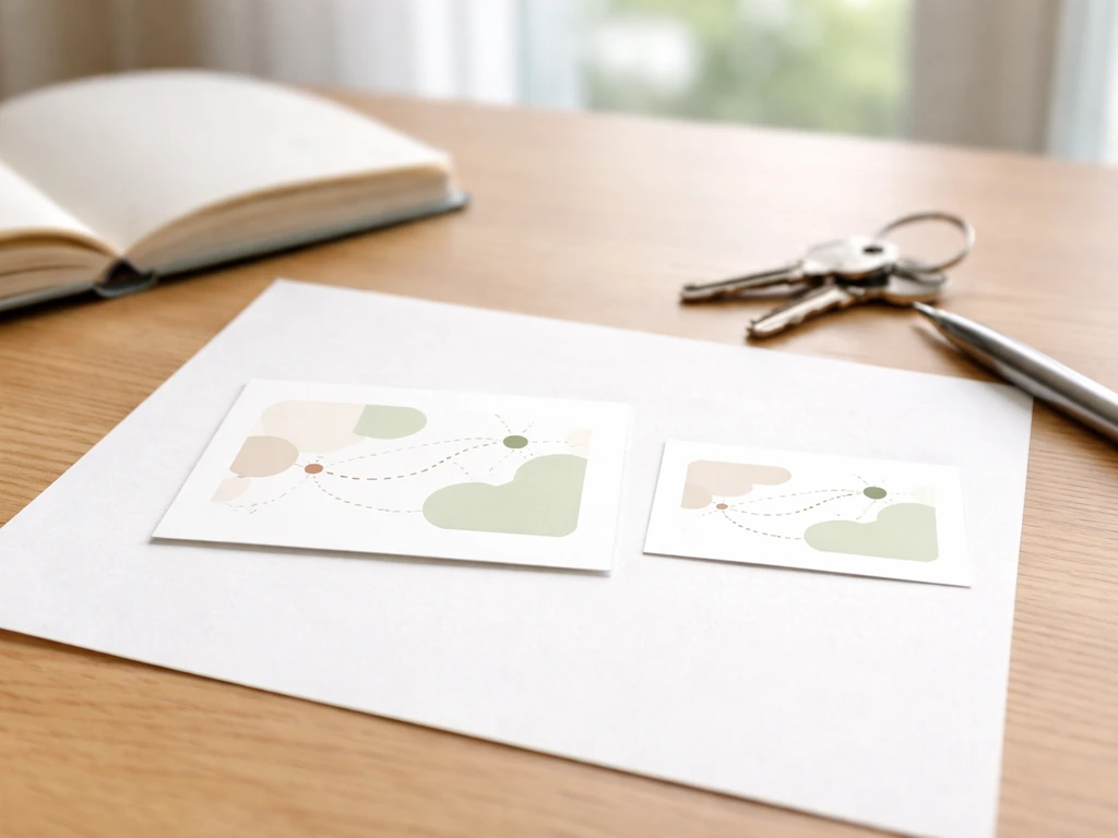 Vue minimale d’un bureau avec deux petites cartes en papier illustrant Tournai et Namur de façon abstraite
