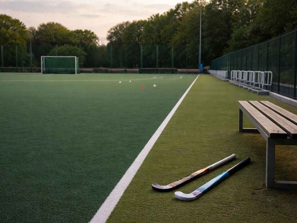 Terrain de hockey extérieur à Namur avec but, filet et matériel d’entraînement au sol.