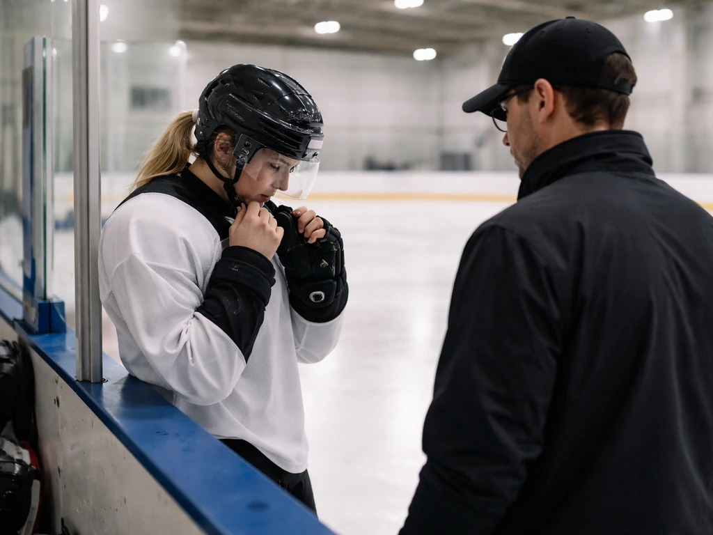 Joueuse de hockey sur glace avec casque, encadrée juste avant d’entrer sur la glace