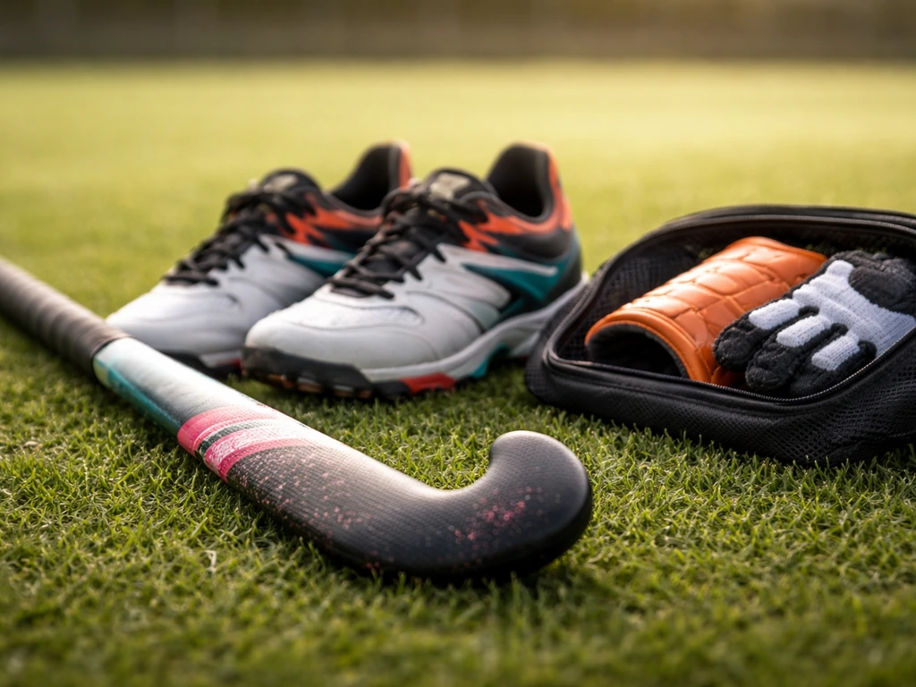 Crosse de hockey sur gazon et chaussures multi-terrains, avec accessoires de base sur pelouse.