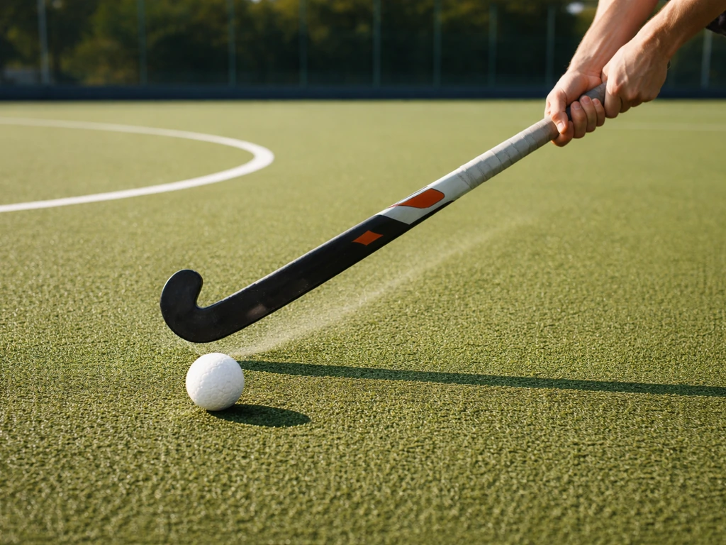 Crosse en position de frappe et ballon de hockey sur gazon projeté, terrain avec cercle au sol, sans autres joueurs.