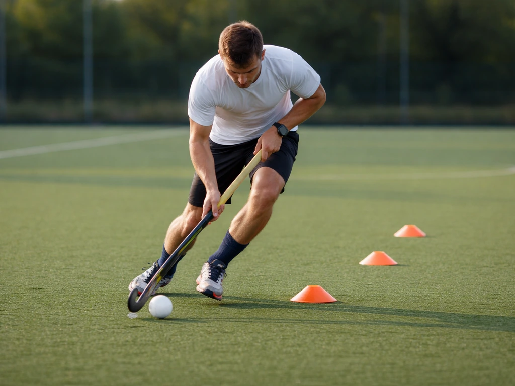 Entraînement sur gazon : sprint court avec ballon et cônes, focus sur l’accélération et la coordination.