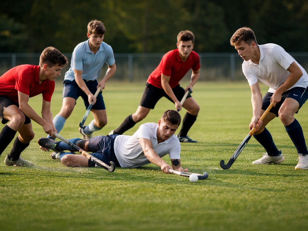 Des joueurs U21 de hockey sur gazon en action sur un terrain en herbe, engagement et vitesse.