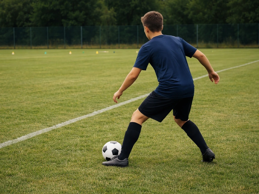 Un joueur de football anonyme contrôle et prépare une passe en situation de jeu sur un terrain d’entraînement.