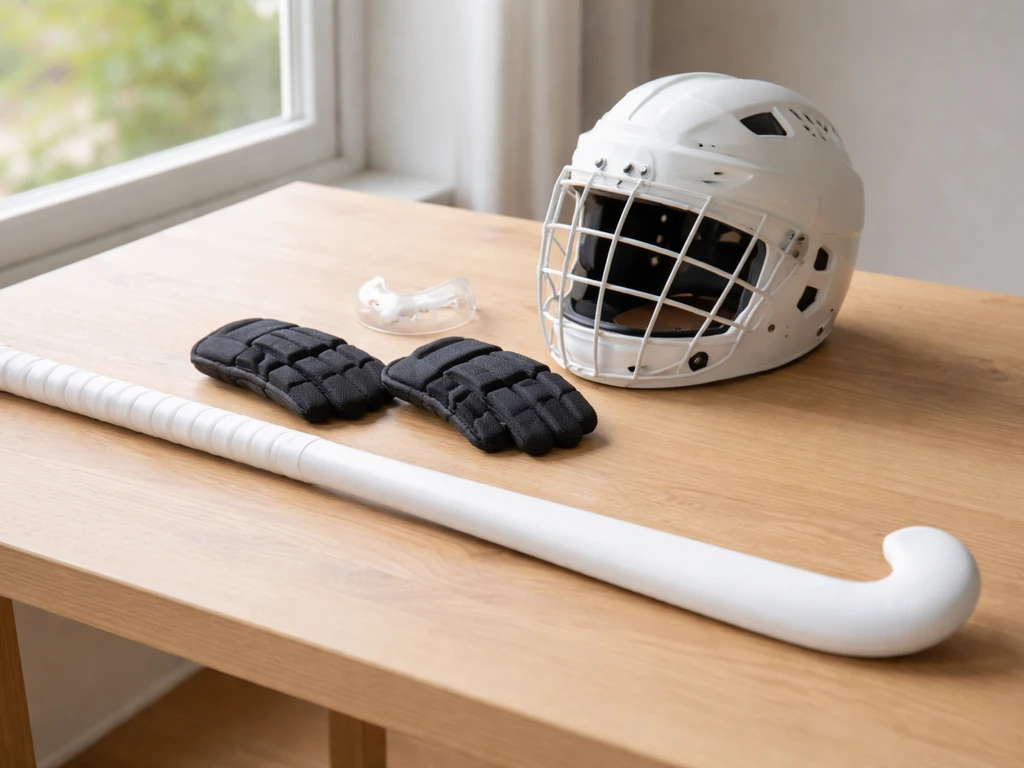 Équipement de hockey sur gazon prêt pour le match : crosse, protections (casque et protège-dents) et gants, sur table.