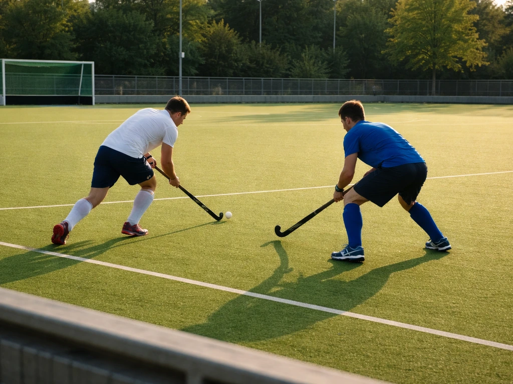 Terrain de hockey sur gazon en France, joueurs en action et balises de match, ambiance de compétition