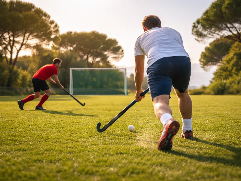 Action de hockey sur gazon sur un terrain près de Villeneuve-Loubet, palet en jeu, crosses et pelouse.
