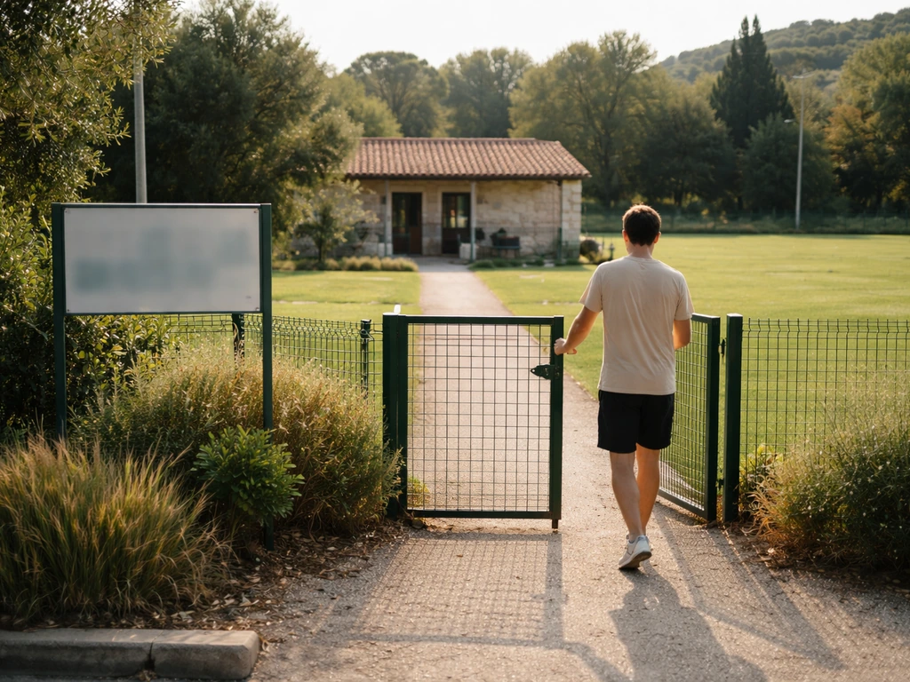Entrée extérieure d’un club de hockey sur gazon à Villeneuve-Loubet, devant un panneau discret.