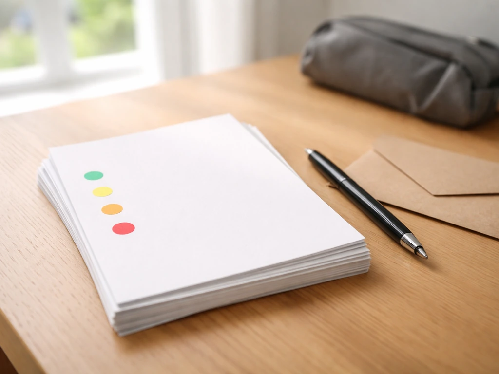 Documents d’inscription à côté d’un stylo et d’une enveloppe, checklist visuelle minimaliste sans texte.