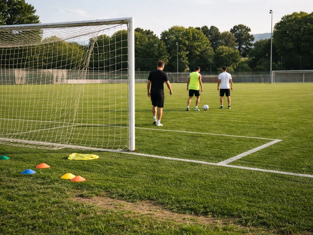 Entraînement de football sur un terrain en gazon, but et joueurs en action au Parc des Sports, Villeneuve-Loubet.