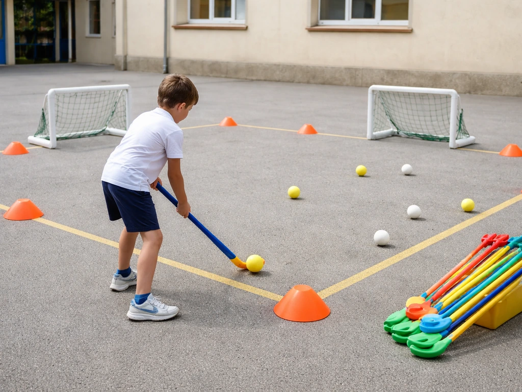 Atelier de hockey sur gazon en école primaire : terrain réduit, plots, buts accessibles, crosses éducatives et balles mo