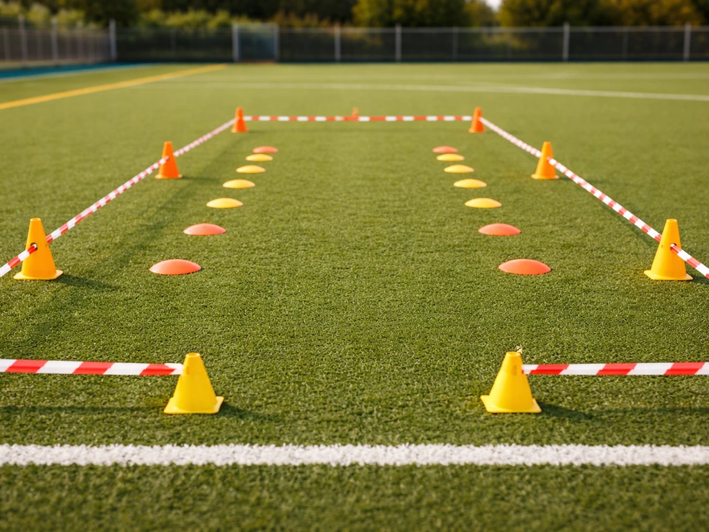 Aménagement d’une zone de hockey sur gazon réduite avec plots au sol, couloir de circulation et repères pour enfants