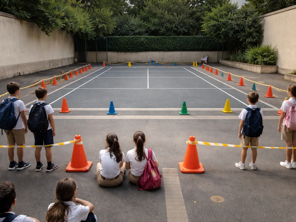 Enfants attendant à distance près d’un terrain de jeu, couloirs délimités par des plots au sol.